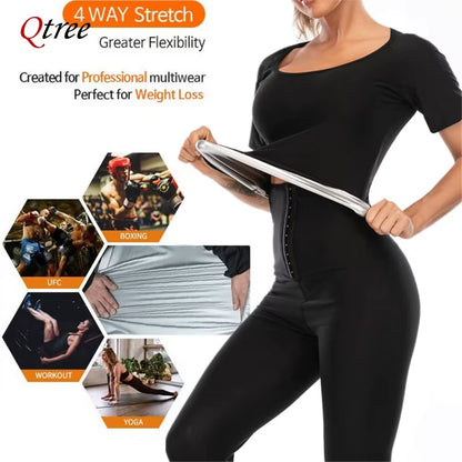 Qtree Body Shaper Sauna Suits Sweat Slimming Waist Trainer Long Sleeve Shirt Women Workout Tummy Control Belly Trimmer Slim Tops