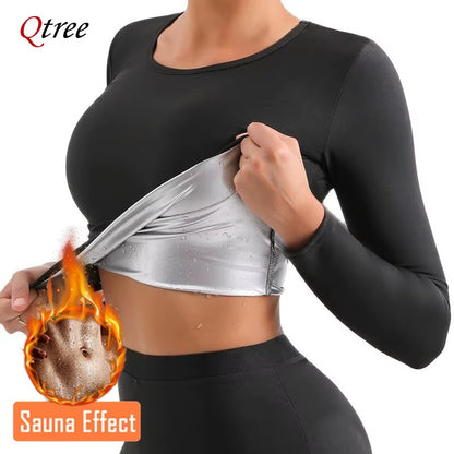 Qtree Body Shaper Sauna Suits Sweat Slimming Waist Trainer Long Sleeve Shirt Women Workout Tummy Control Belly Trimmer Slim Tops