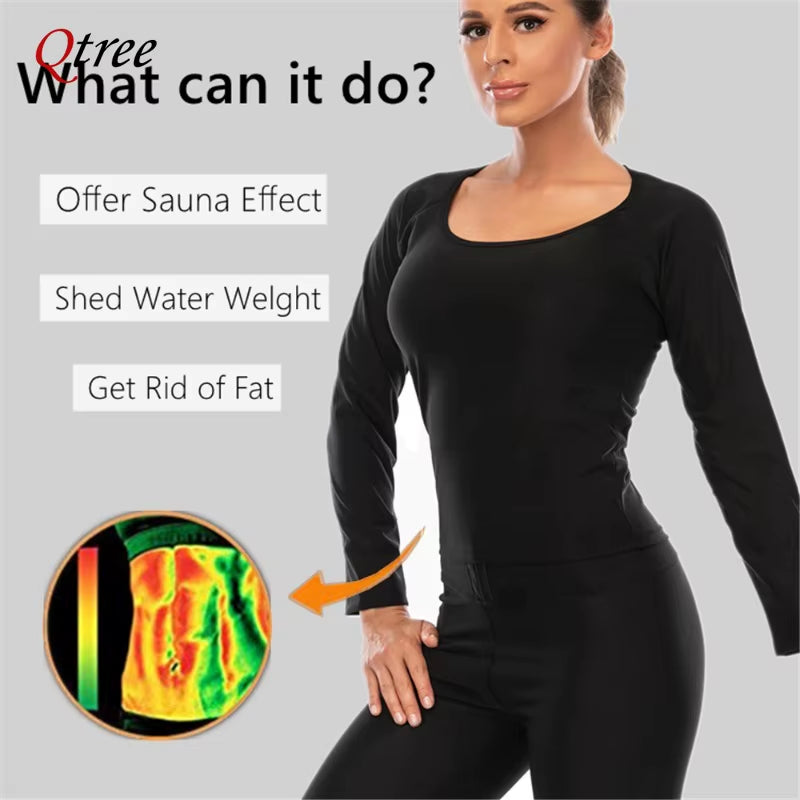 Qtree Body Shaper Sauna Suits Sweat Slimming Waist Trainer Long Sleeve Shirt Women Workout Tummy Control Belly Trimmer Slim Tops
