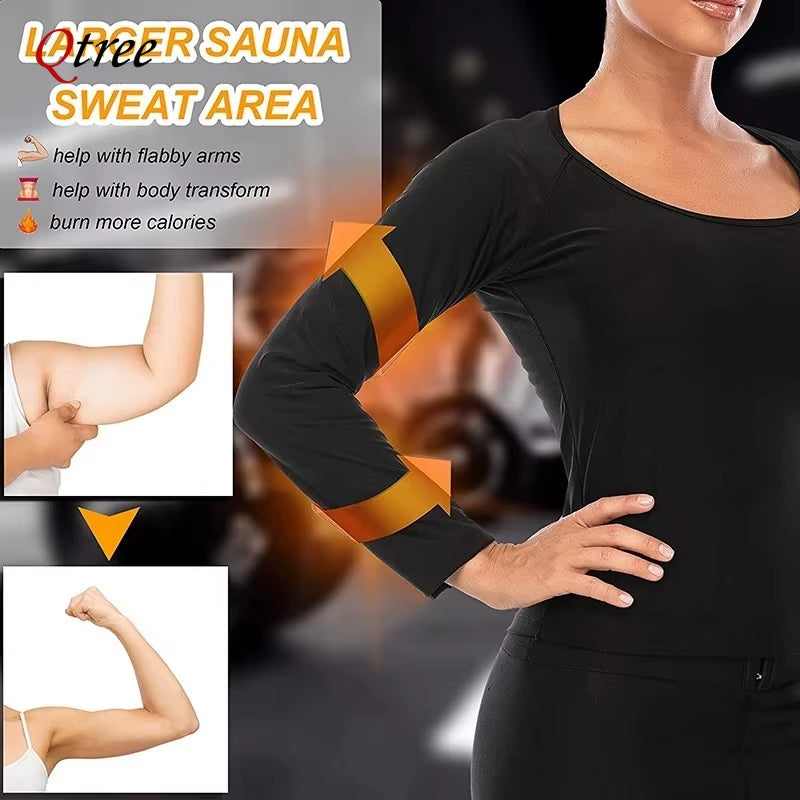 Qtree Body Shaper Sauna Suits Sweat Slimming Waist Trainer Long Sleeve Shirt Women Workout Tummy Control Belly Trimmer Slim Tops