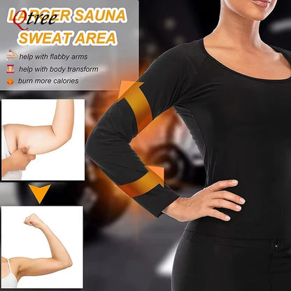 Qtree Body Shaper Sauna Suits Sweat Slimming Waist Trainer Long Sleeve Shirt Women Workout Tummy Control Belly Trimmer Slim Tops